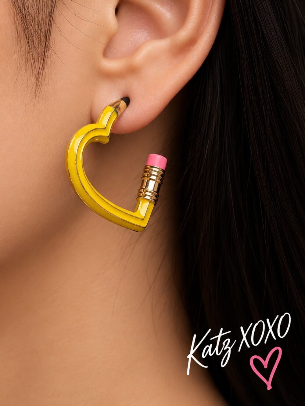 Yellow Heart Pencil Hoop Earrings Teacher School Statement Pink Eraser 1.5" Post